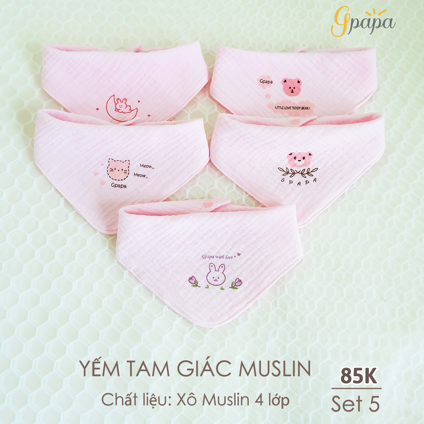 SET 5 Yếm Tam Giác Muslin 4 lớp Cao Cấp Cho Bé Gpapa Chính Hãng