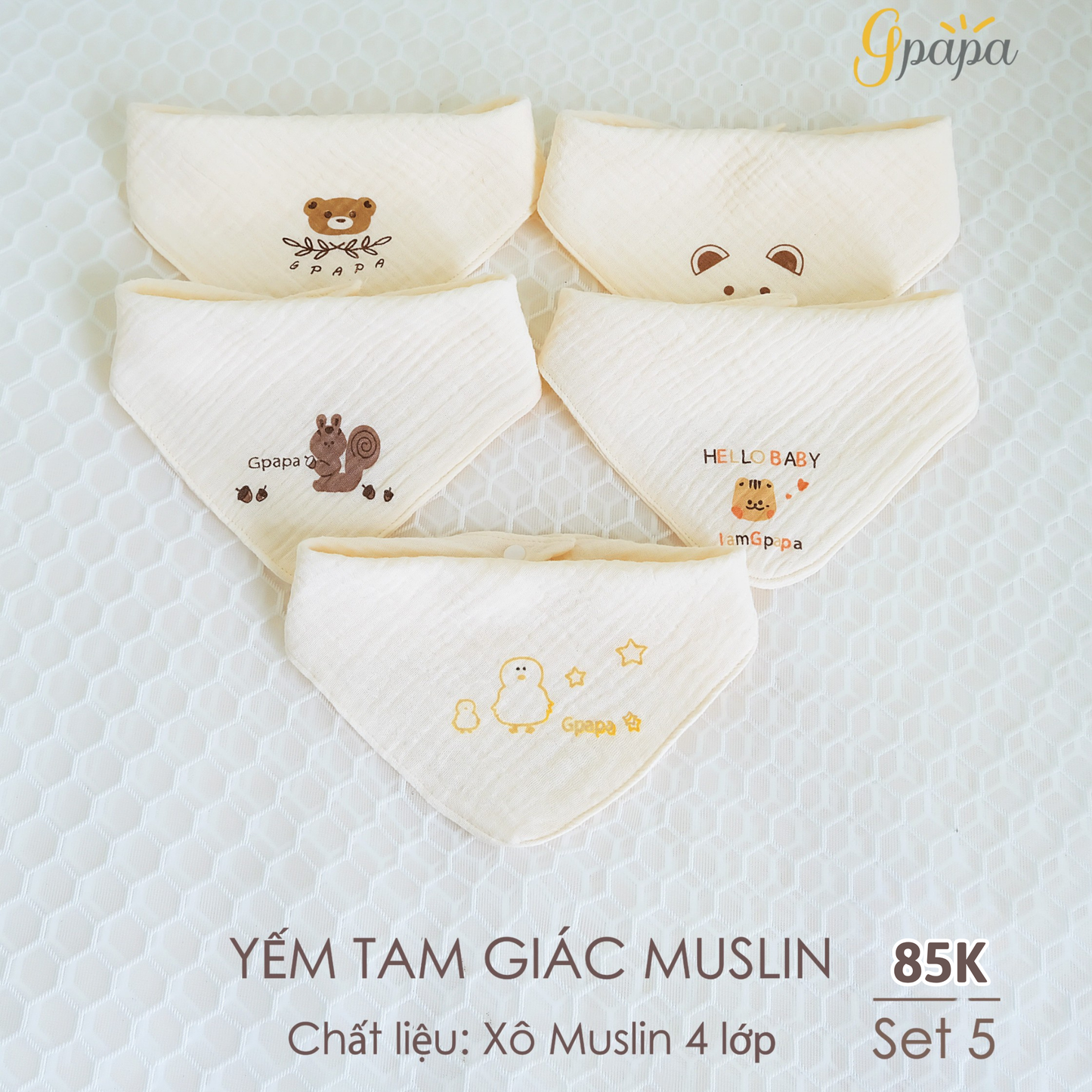 SET 5 Yếm Tam Giác Muslin 4 lớp Cao Cấp Cho Bé Gpapa Chính Hãng