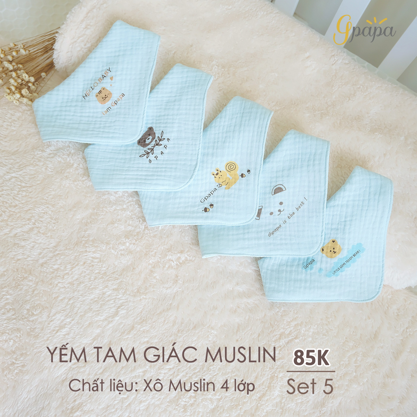 SET 5 Yếm Tam Giác Muslin 4 lớp Cao Cấp Cho Bé Gpapa Chính Hãng