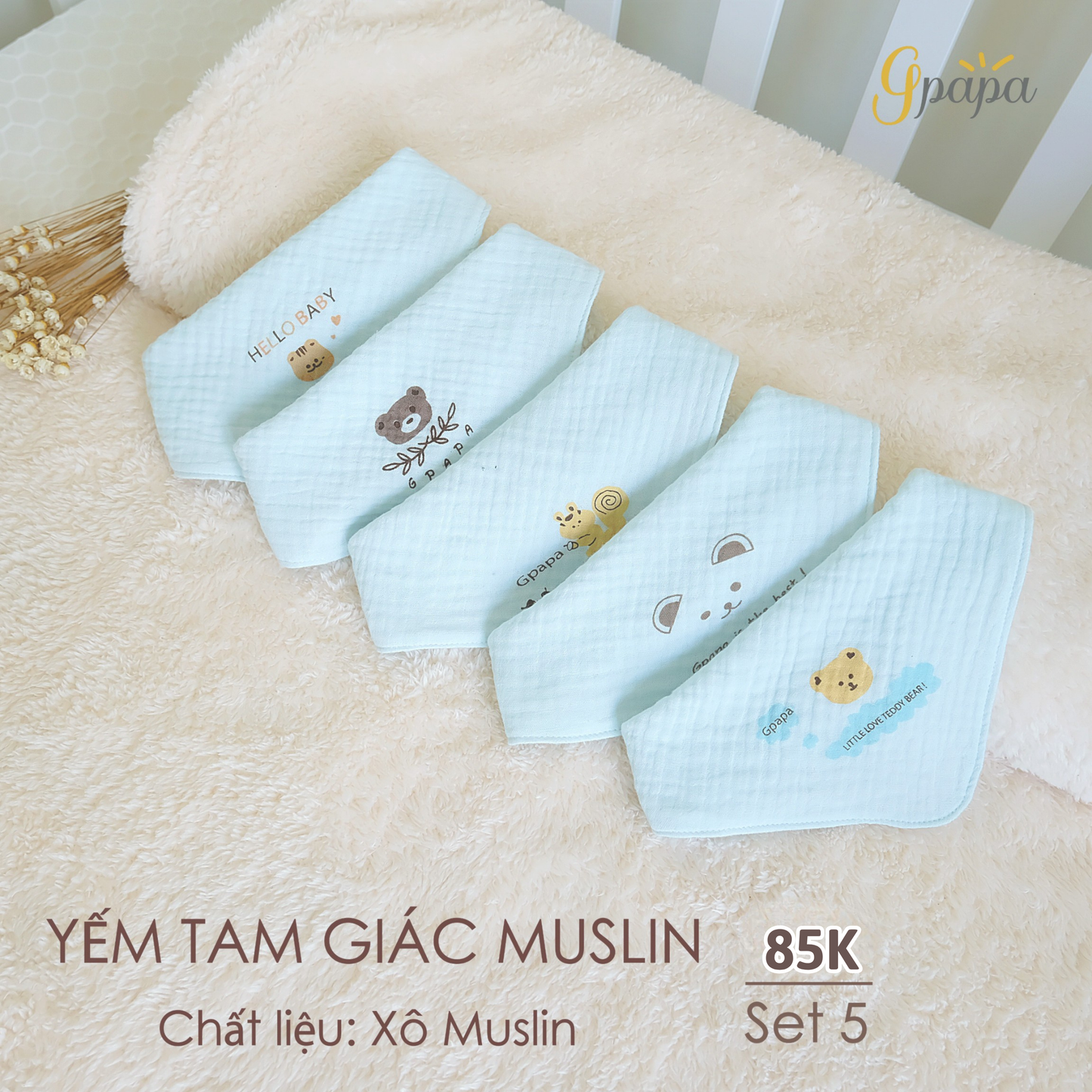 SET 5 Yếm Tam Giác Muslin 4 lớp Cao Cấp Cho Bé Gpapa Chính Hãng