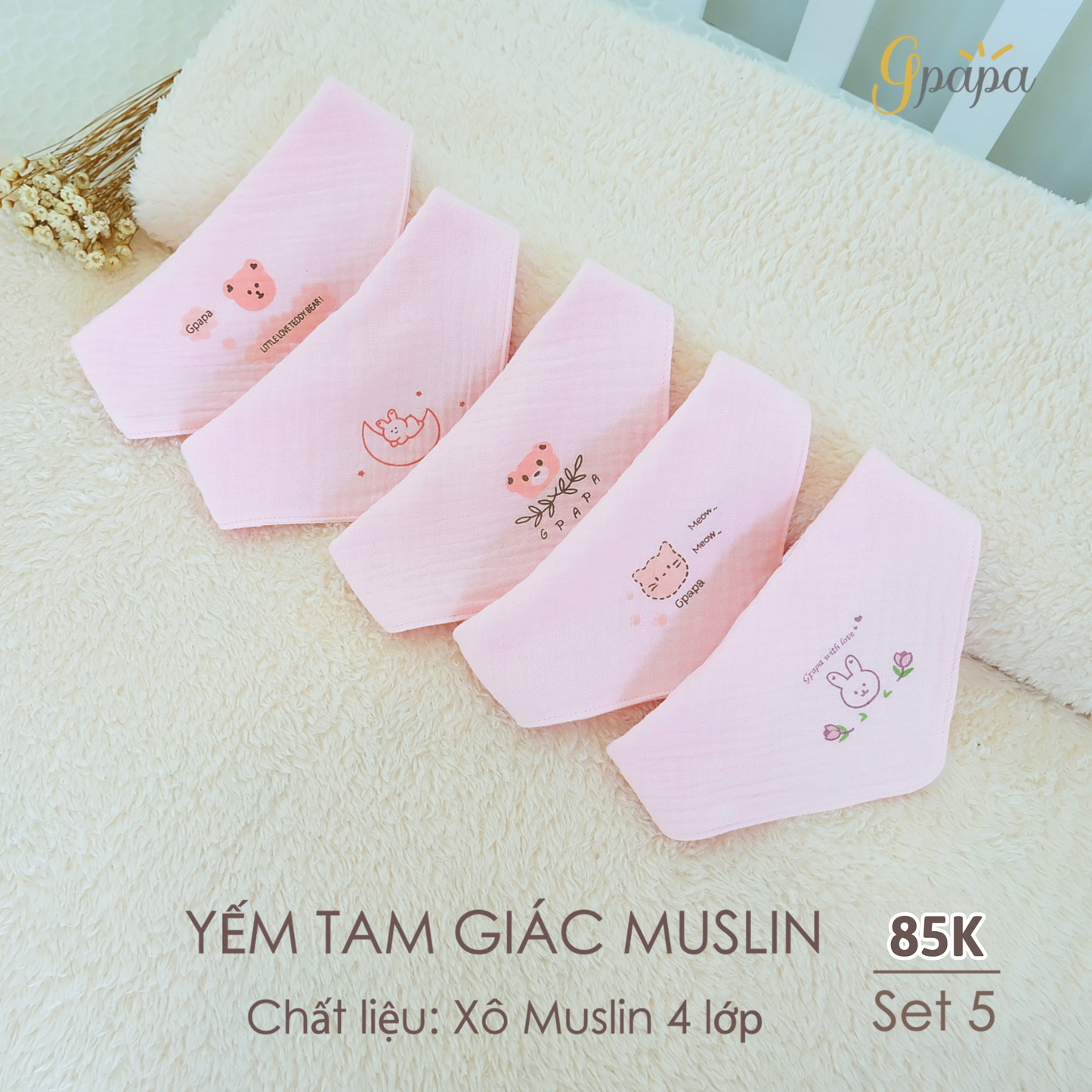 SET 5 Yếm Tam Giác Muslin 4 lớp Cao Cấp Cho Bé Gpapa Chính Hãng