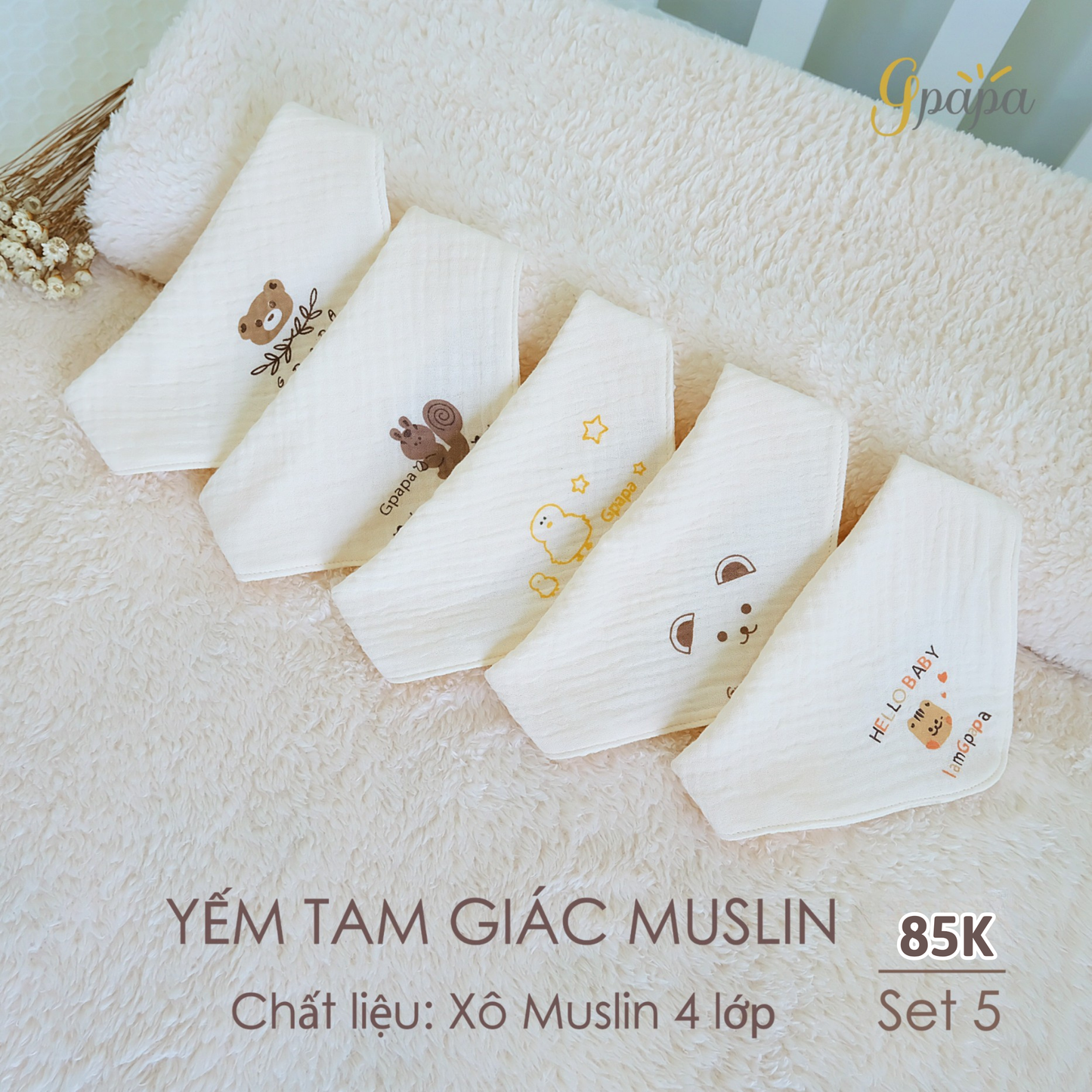 SET 5 Yếm Tam Giác Muslin 4 lớp Cao Cấp Cho Bé Gpapa Chính Hãng