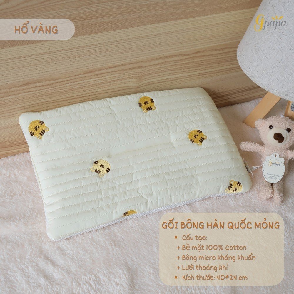 Gối Bông Hàn Quốc Mỏng Gpapa Bề Mặt 100% Cotton, Ruột Bông Micro Kháng Khuẩn, Lót Lưới Thoáng Khí