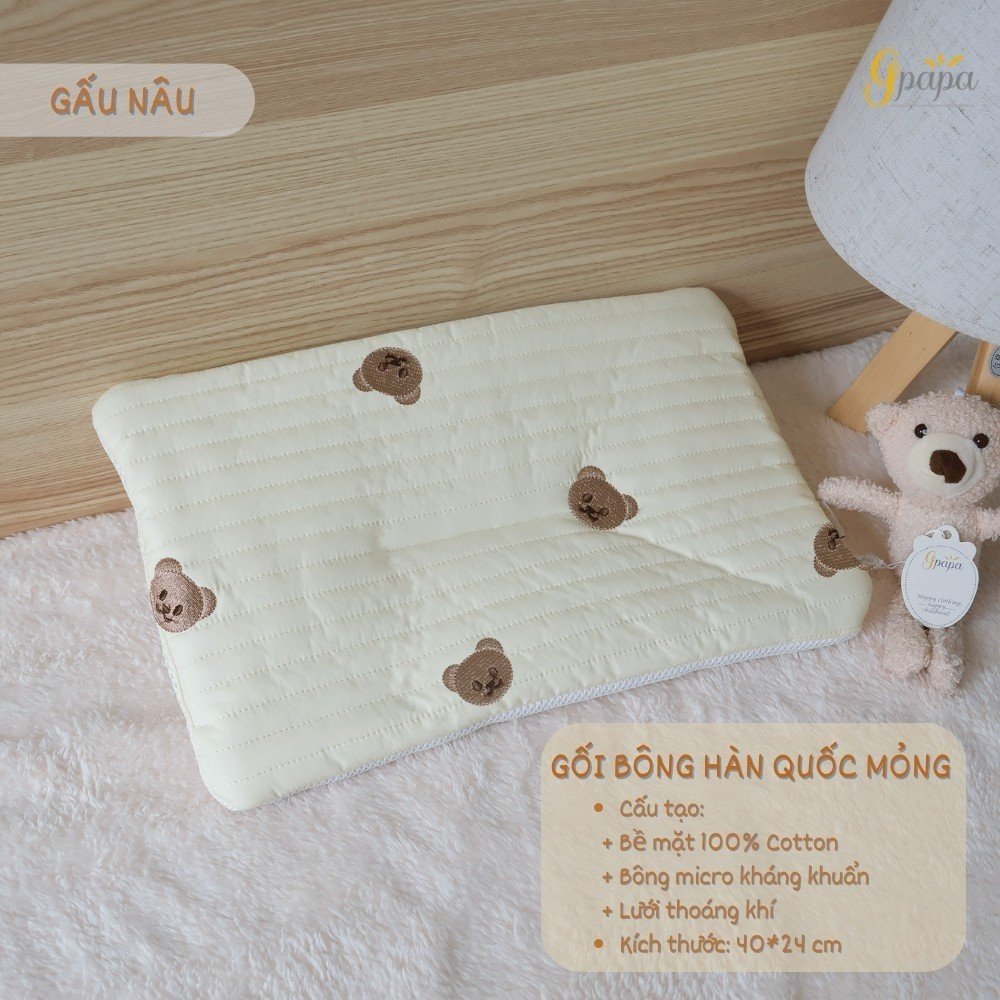 Gối Bông Hàn Quốc Mỏng Gpapa Bề Mặt 100% Cotton, Ruột Bông Micro Kháng Khuẩn, Lót Lưới Thoáng Khí
