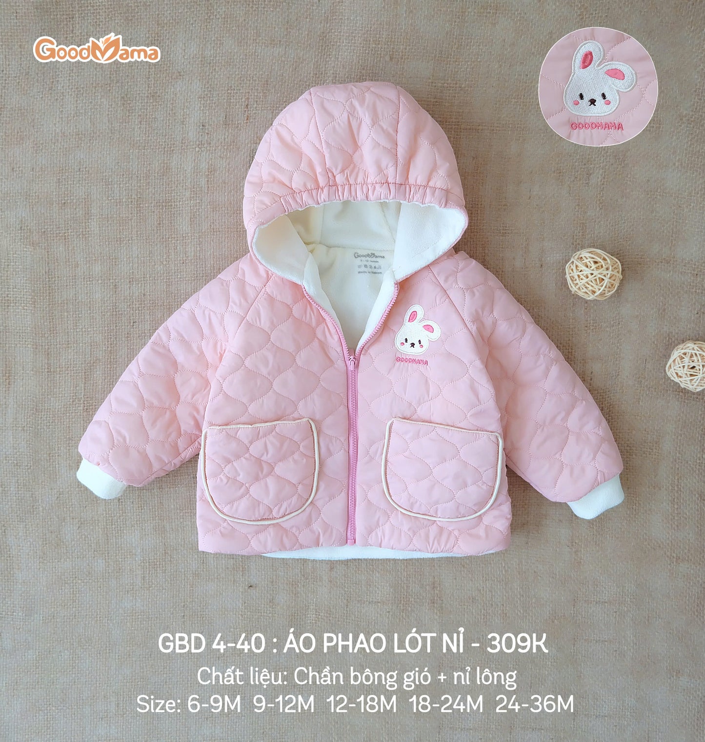 GBD4-40: Áo Phao Lót Nỉ Goodmama Chất Liệu Chần Bông Gió + Nỉ Lông