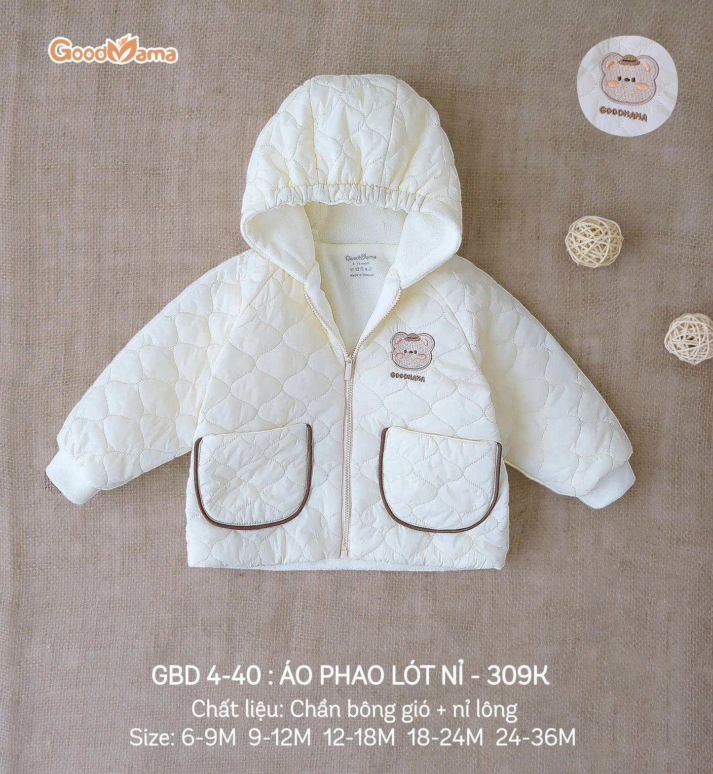 GBD4-40: Áo Phao Lót Nỉ Goodmama Chất Liệu Chần Bông Gió + Nỉ Lông