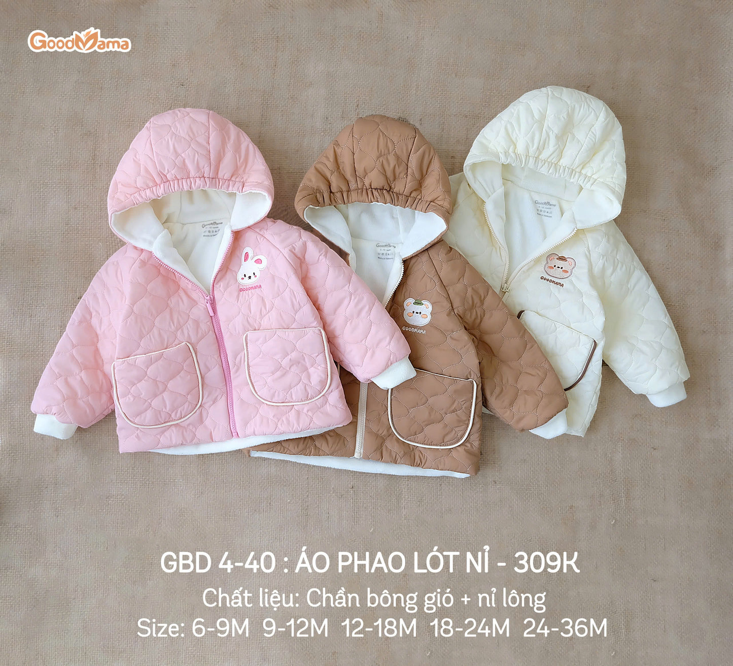 GBD4-40: Áo Phao Lót Nỉ Goodmama Chất Liệu Chần Bông Gió + Nỉ Lông