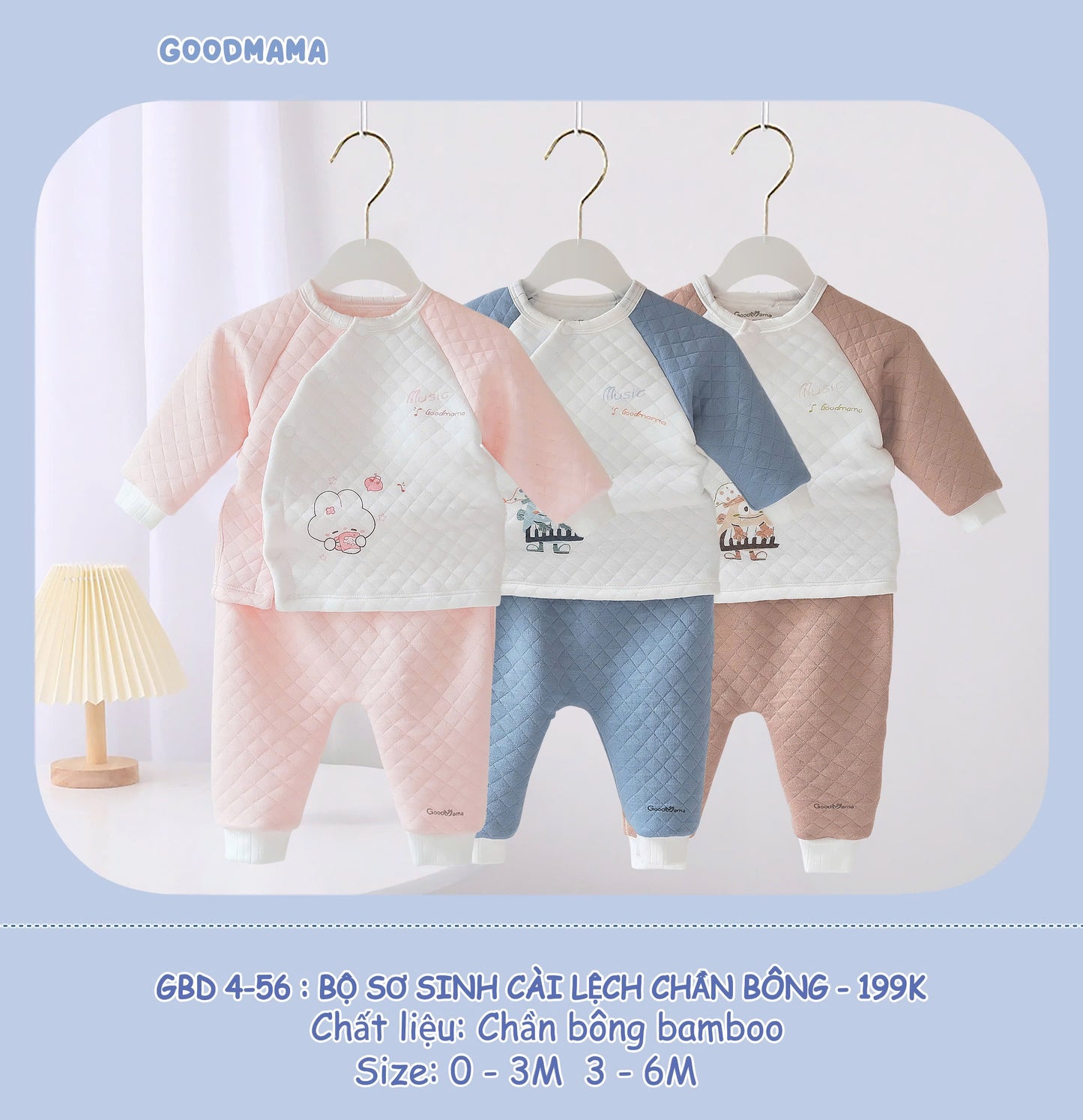 GBD4-56: Bộ Sơ Sinh Cài Lệch Chần Bông Goodmama