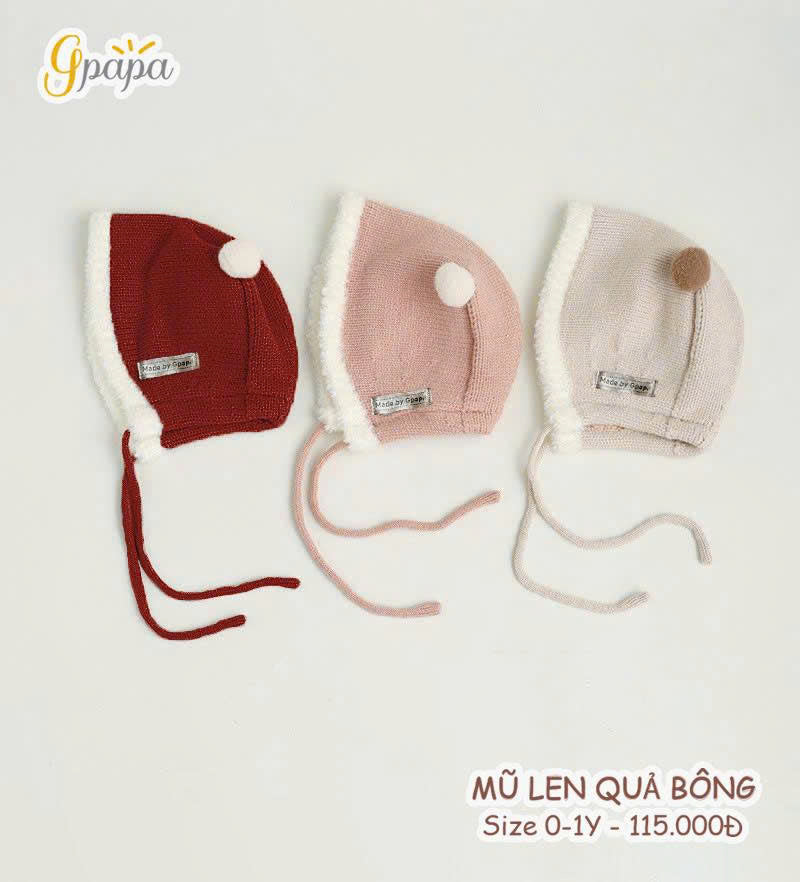 MŨ LEN QUẢ BÔNG CHO BÉ 0 – 1 TUỔI