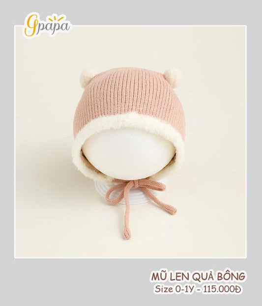 MŨ LEN QUẢ BÔNG CHO BÉ 0 – 1 TUỔI