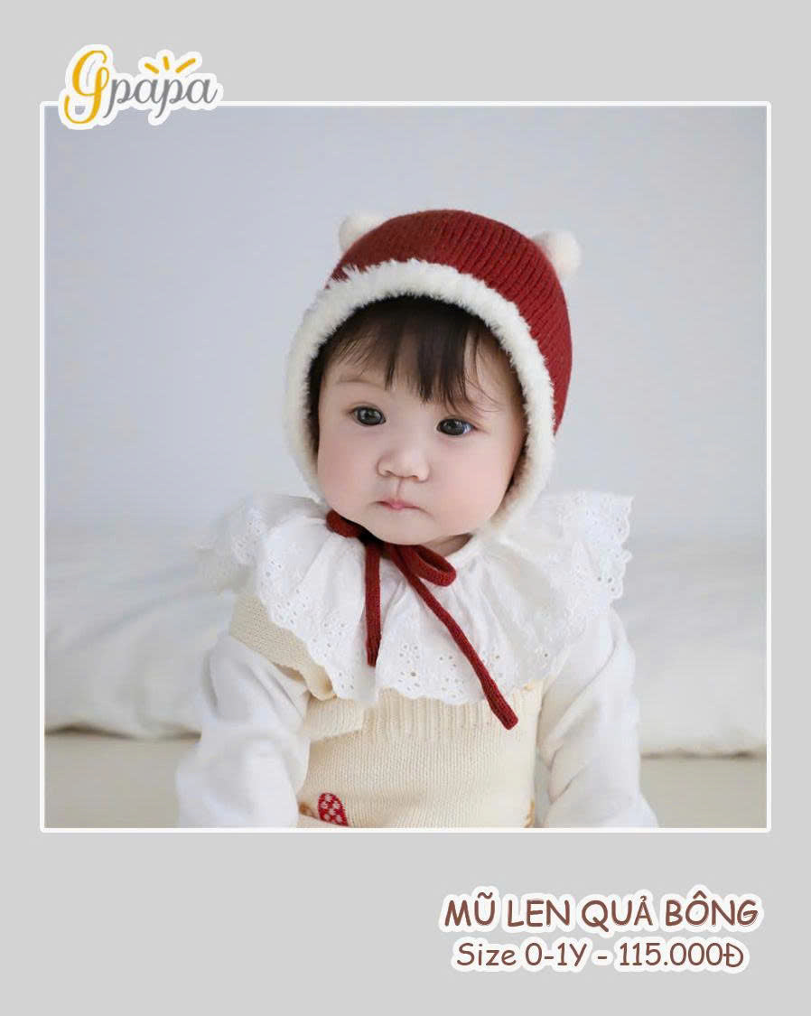 MŨ LEN QUẢ BÔNG CHO BÉ 0 – 1 TUỔI