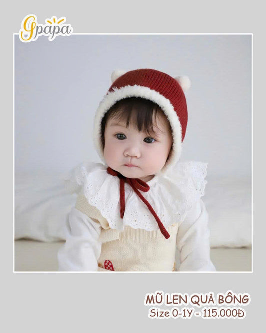 MŨ LEN QUẢ BÔNG CHO BÉ 0 – 1 TUỔI