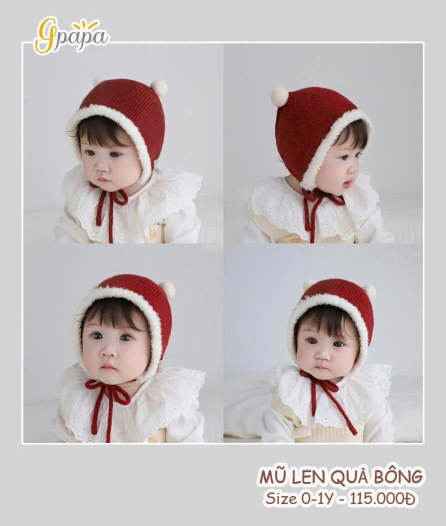 MŨ LEN QUẢ BÔNG CHO BÉ 0 – 1 TUỔI